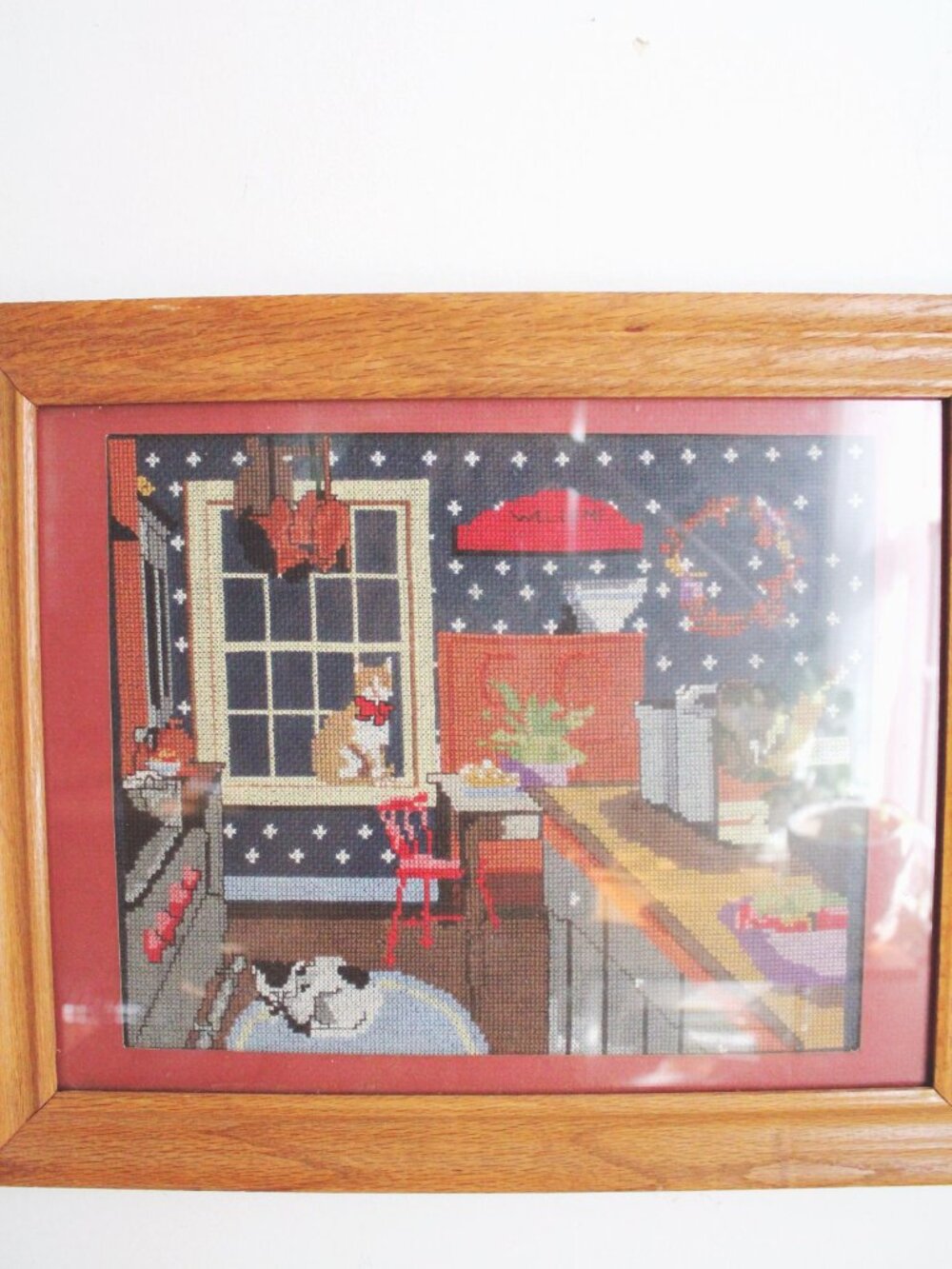 Vintage Framed Cross Stitch Art Kitchen Kittens Cozy Country Home Cat Cottagecor - Picture 5 of 8